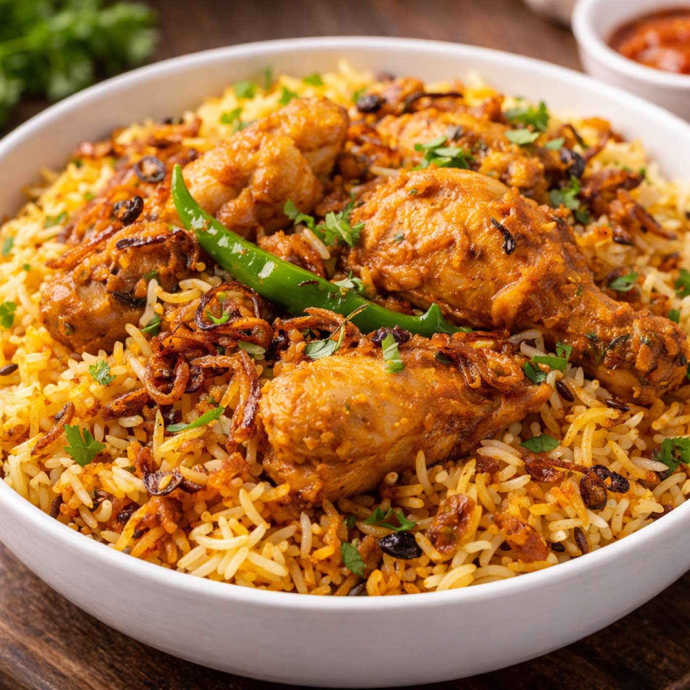 A warm home-style tiffin spread with chicken curry, rice, and daal